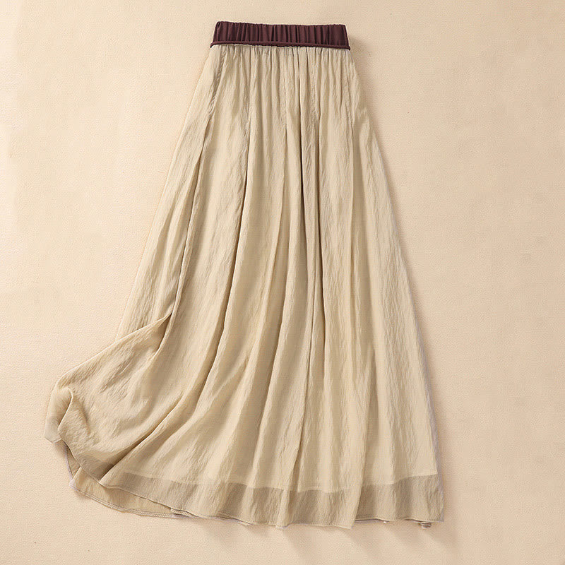 Casual Contrasting Color Pleated Lace-Up Design Women's Cotton Linen 7-8 Length Skirt