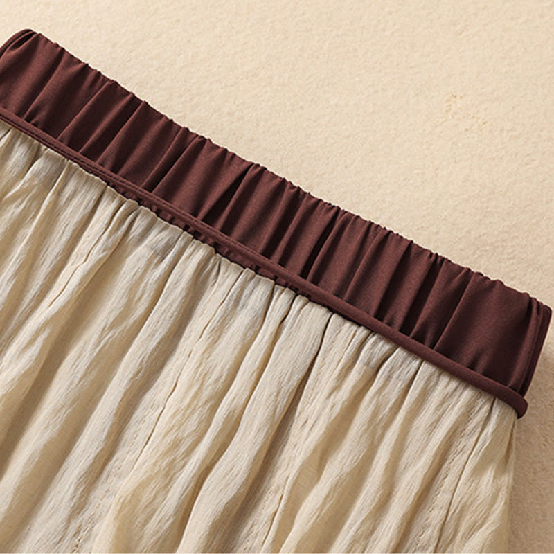 Casual Contrasting Color Pleated Lace-Up Design Women's Cotton Linen 7-8 Length Skirt