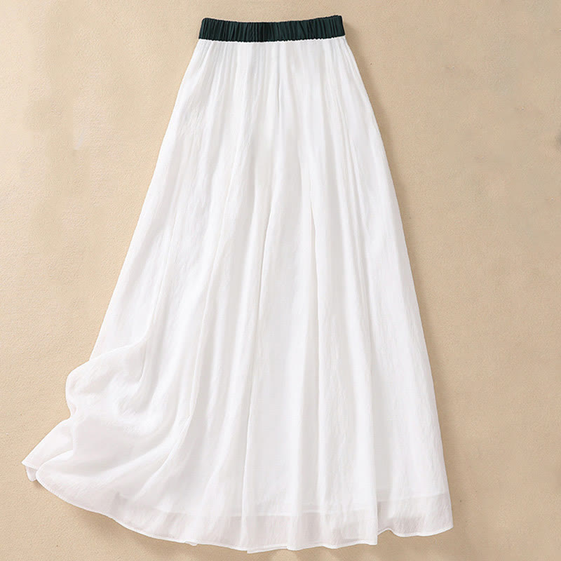 Casual Contrasting Color Pleated Lace-Up Design Women's Cotton Linen 7-8 Length Skirt