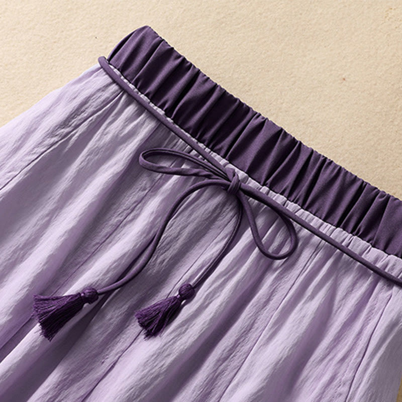 Casual Contrasting Color Pleated Lace-Up Design Women's Cotton Linen 7-8 Length Skirt