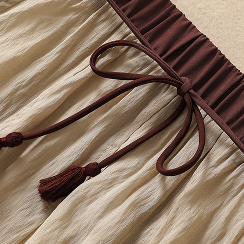 Casual Contrasting Color Pleated Lace-Up Design Women's Cotton Linen 7-8 Length Skirt