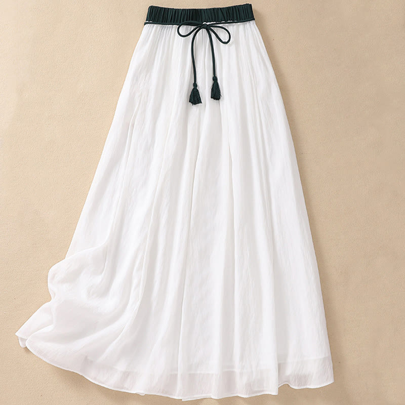 Casual Contrasting Color Pleated Lace-Up Design Women's Cotton Linen 7-8 Length Skirt