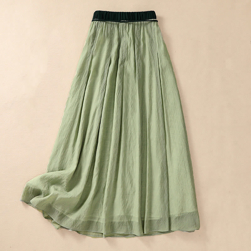 Casual Contrasting Color Pleated Lace-Up Design Women's Cotton Linen 7-8 Length Skirt