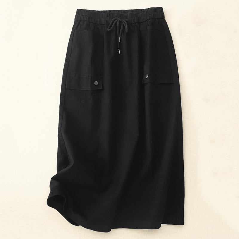 Vintage Plain Drawstring Button Design Slide Slite Women's Cotton Linen 7-8 Length Skirt With Pockets