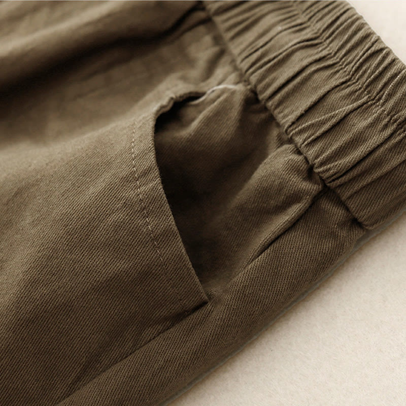 Vintage Plain Drawstring Button Design Slide Slite Women's Cotton Linen 7-8 Length Skirt With Pockets