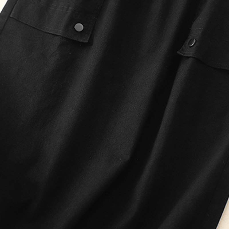 Vintage Plain Drawstring Button Design Slide Slite Women's Cotton Linen 7-8 Length Skirt With Pockets