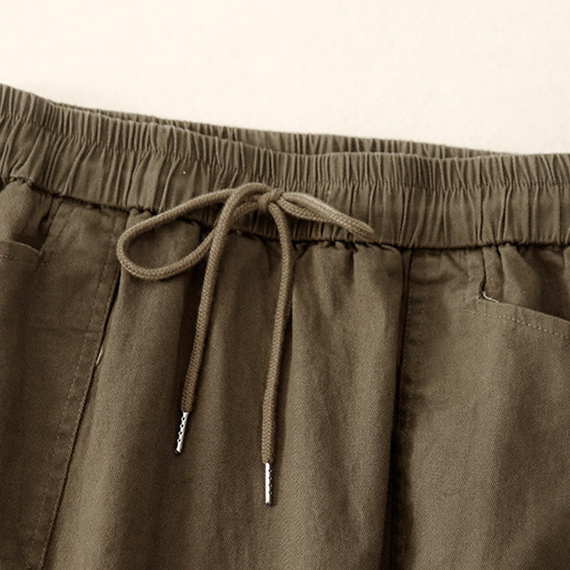 Vintage Plain Drawstring Button Design Slide Slite Women's Cotton Linen 7-8 Length Skirt With Pockets