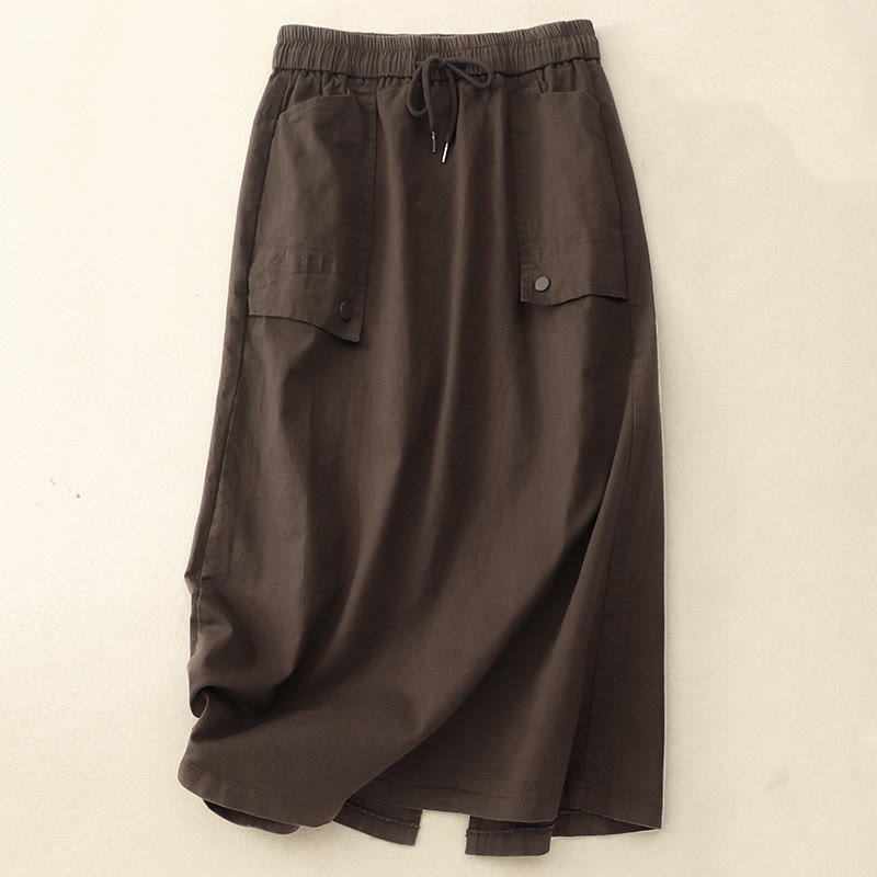 Vintage Plain Drawstring Button Design Slide Slite Women's Cotton Linen 7-8 Length Skirt With Pockets