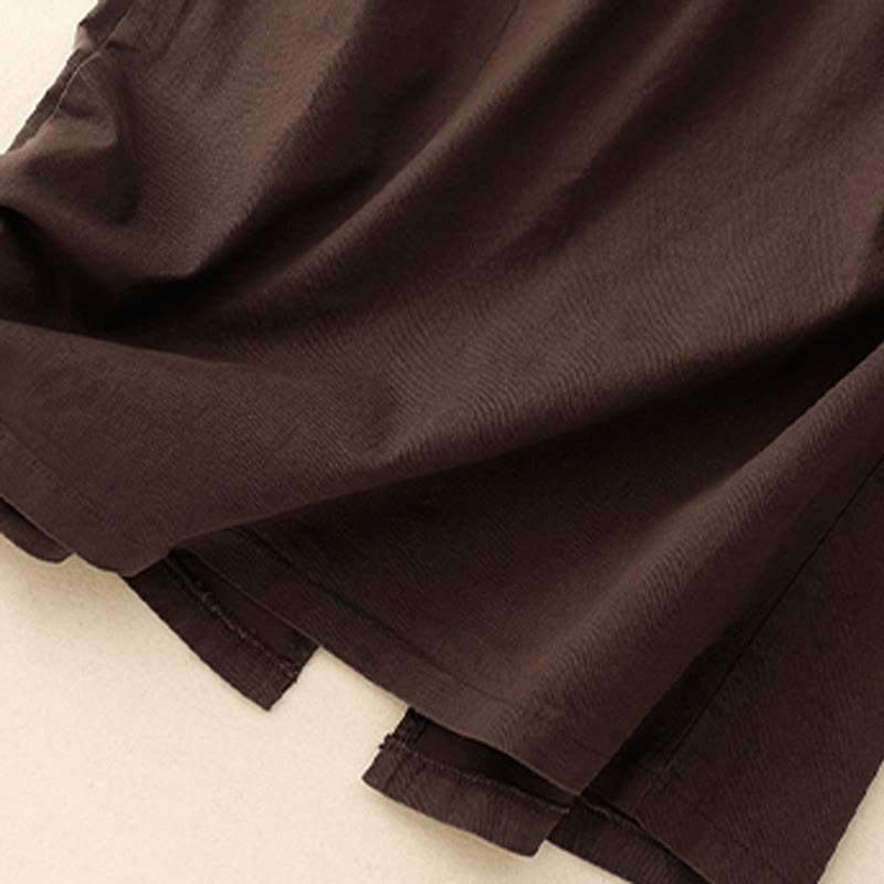 Vintage Plain Drawstring Button Design Slide Slite Women's Cotton Linen 7-8 Length Skirt With Pockets