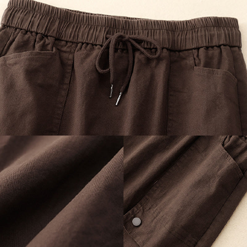 Vintage Plain Drawstring Button Design Slide Slite Women's Cotton Linen 7-8 Length Skirt With Pockets