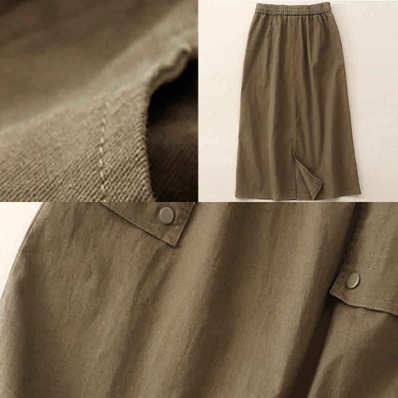 Vintage Plain Drawstring Button Design Slide Slite Women's Cotton Linen 7-8 Length Skirt With Pockets