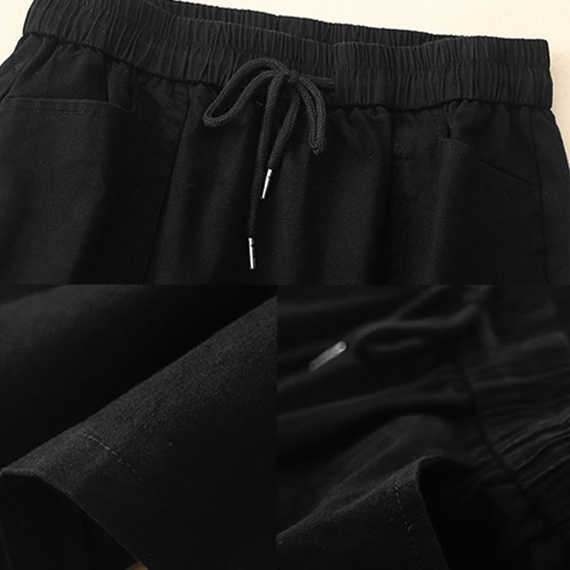 Vintage Plain Drawstring Button Design Slide Slite Women's Cotton Linen 7-8 Length Skirt With Pockets