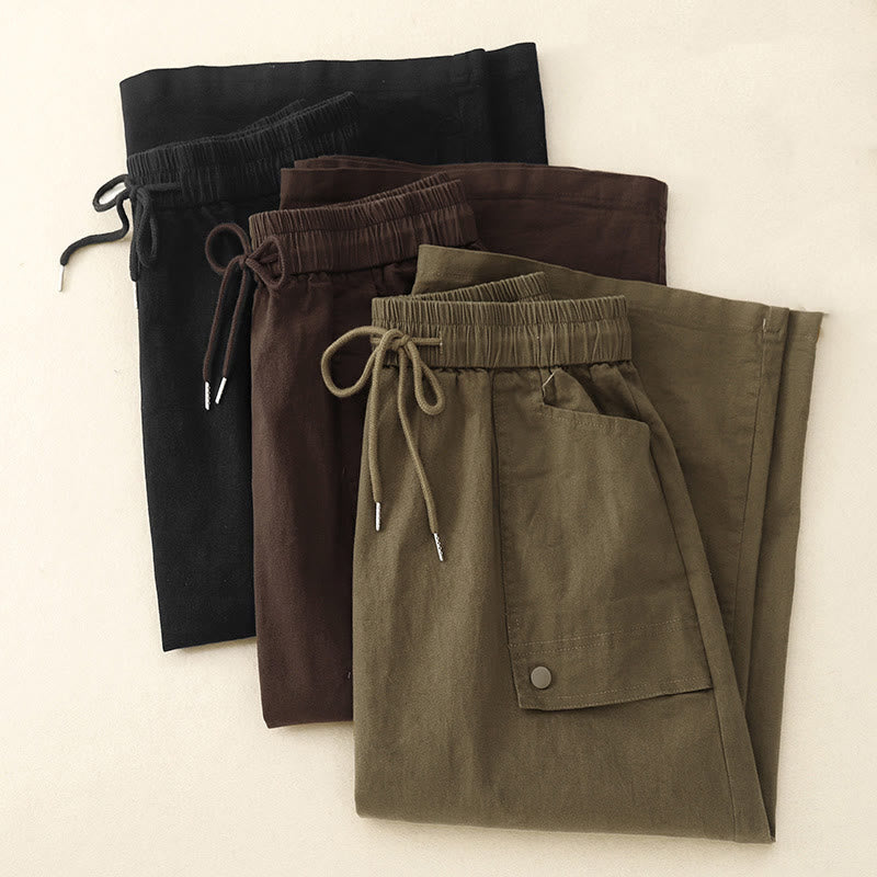 Vintage Plain Drawstring Button Design Slide Slite Women's Cotton Linen 7-8 Length Skirt With Pockets