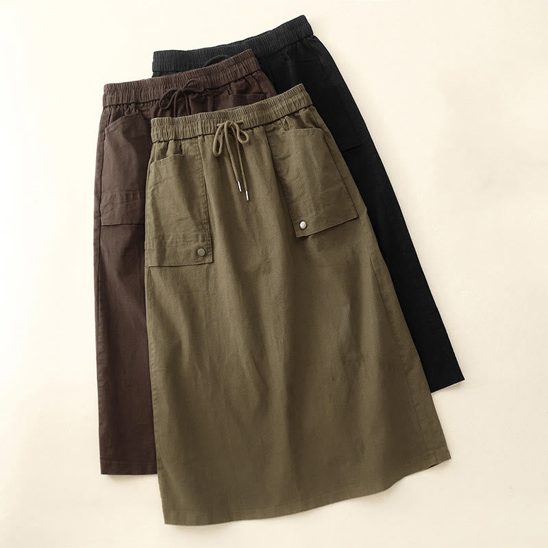 Vintage Plain Drawstring Button Design Slide Slite Women's Cotton Linen 7-8 Length Skirt With Pockets
