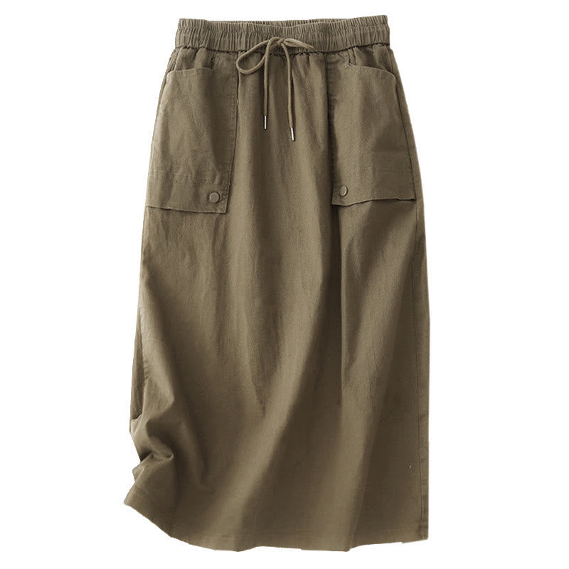 Vintage Plain Drawstring Button Design Slide Slite Women's Cotton Linen 7-8 Length Skirt With Pockets