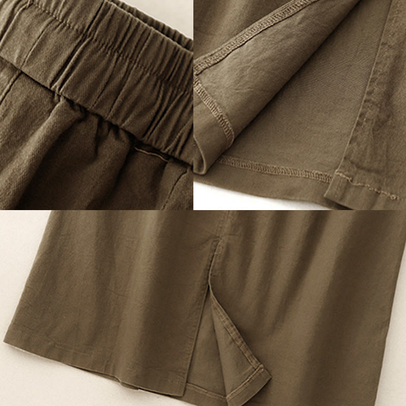 Vintage Plain Drawstring Button Design Slide Slite Women's Cotton Linen 7-8 Length Skirt With Pockets