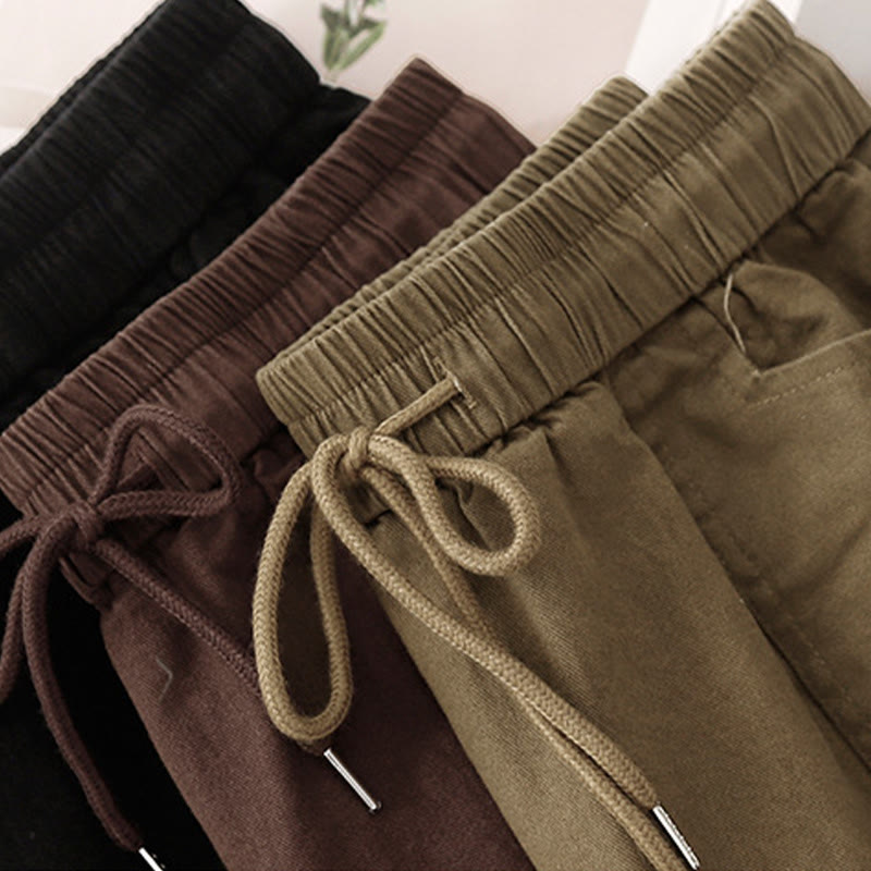 Vintage Plain Drawstring Button Design Slide Slite Women's Cotton Linen 7-8 Length Skirt With Pockets