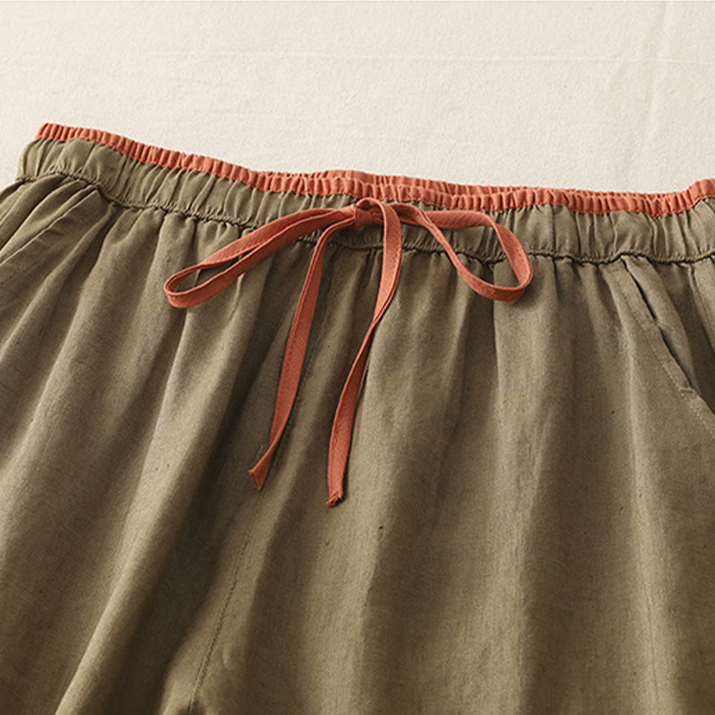 Casual Colorblock Drawstring Women's Cotton Wide Leg Pants With Pockets