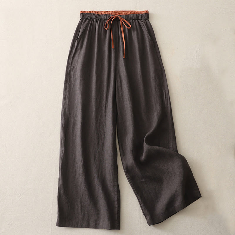 Casual Colorblock Drawstring Women's Cotton Wide Leg Pants With Pockets