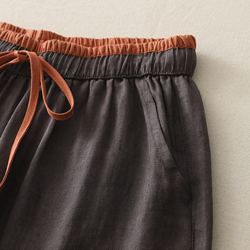 Casual Colorblock Drawstring Women's Cotton Wide Leg Pants With Pockets