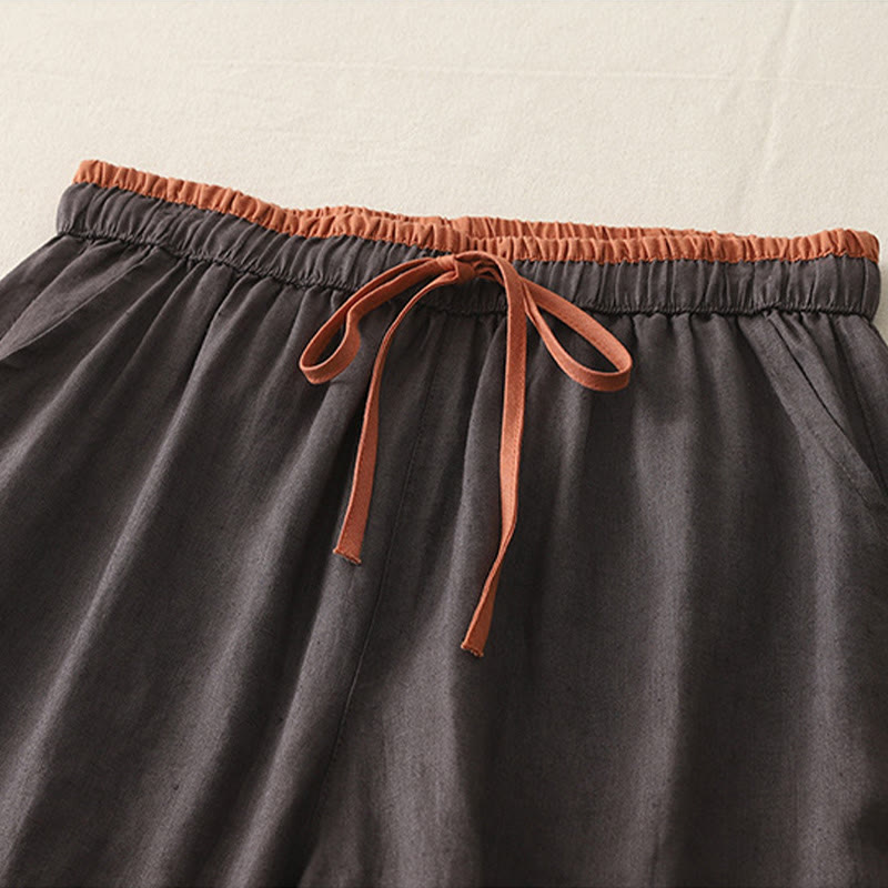 Casual Colorblock Drawstring Women's Cotton Wide Leg Pants With Pockets