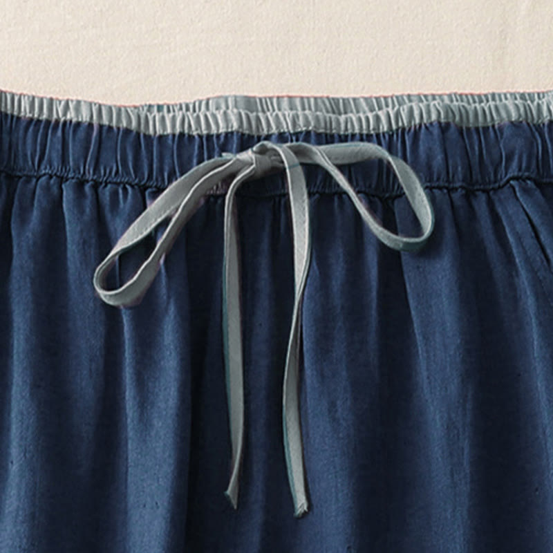 Casual Colorblock Drawstring Women's Cotton Wide Leg Pants With Pockets