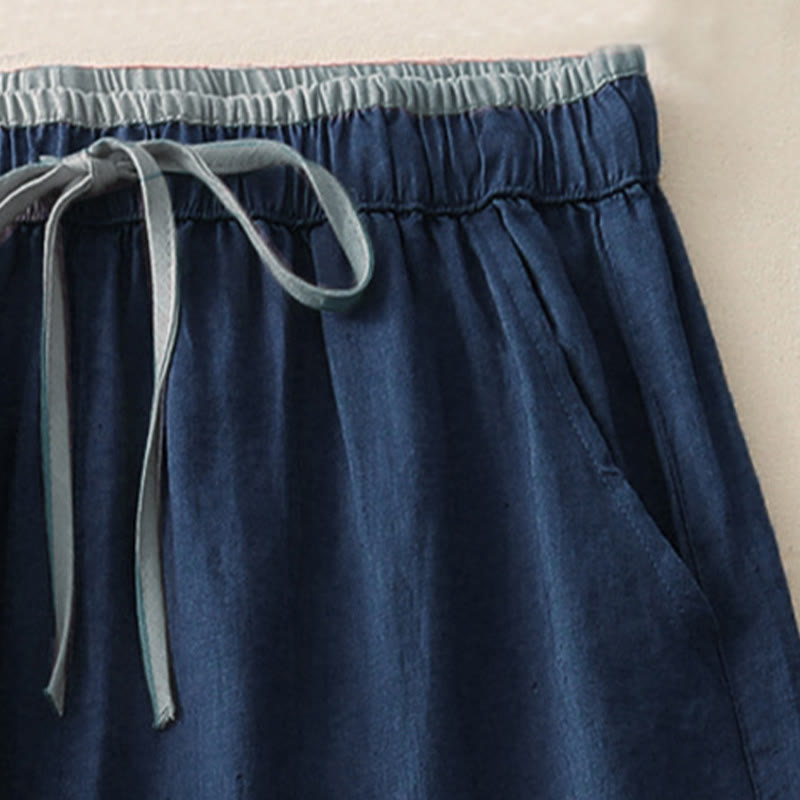 Casual Colorblock Drawstring Women's Cotton Wide Leg Pants With Pockets