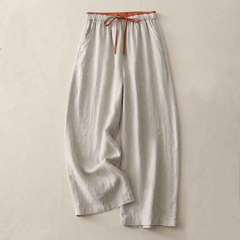 Casual Colorblock Drawstring Women's Cotton Wide Leg Pants With Pockets