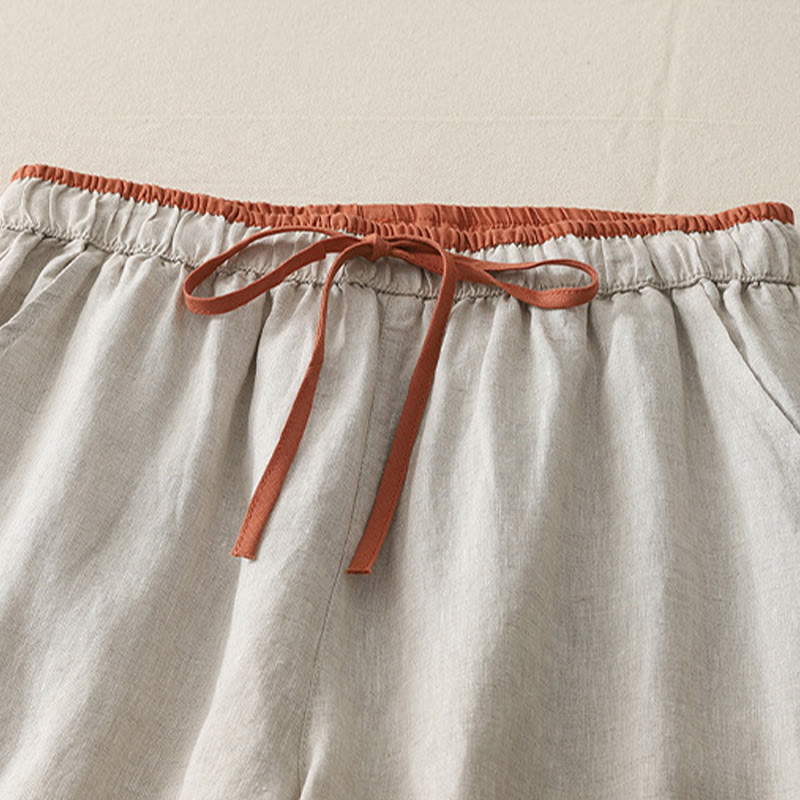 Casual Colorblock Drawstring Women's Cotton Wide Leg Pants With Pockets