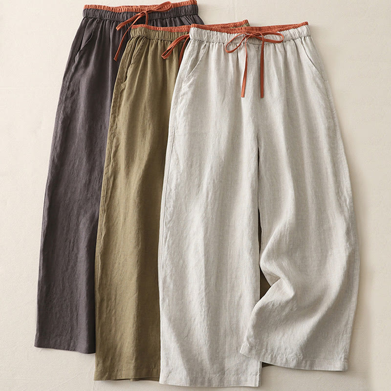 Casual Colorblock Drawstring Women's Cotton Wide Leg Pants With Pockets