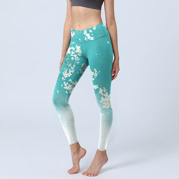 White Pear Blossoms Print Gym Leggings Women's Yoga Pants