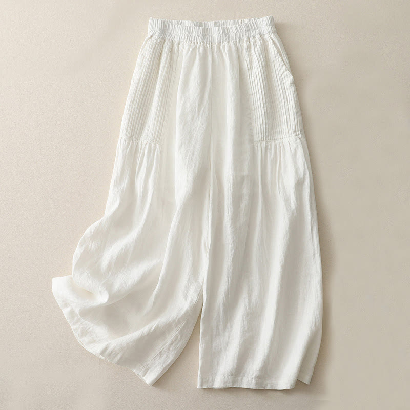 Casual Plain Tucker Pleats Elastic Women's Polyester Wide Leg Pants With Pockets