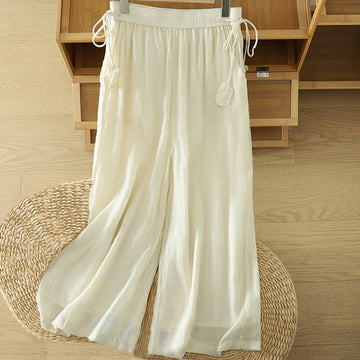 Casual Plain Lined Ribbon Elastic Women's Polyester Wide Leg Pants With Pockets