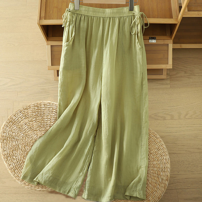 Casual Plain Lined Ribbon Elastic Women's Polyester Wide Leg Pants With Pockets