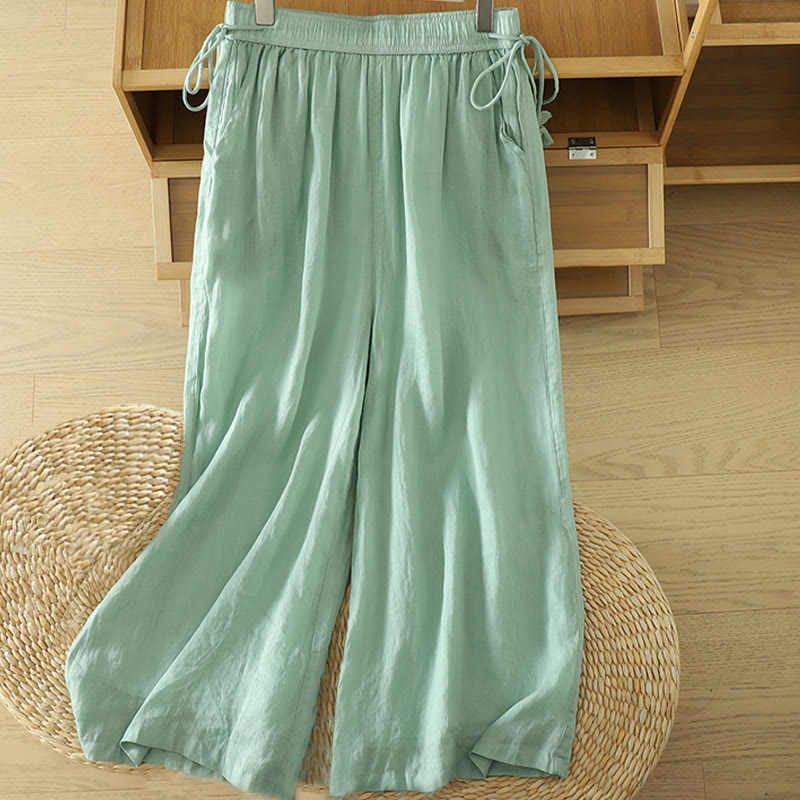 Casual Plain Lined Ribbon Elastic Women's Polyester Wide Leg Pants With Pockets