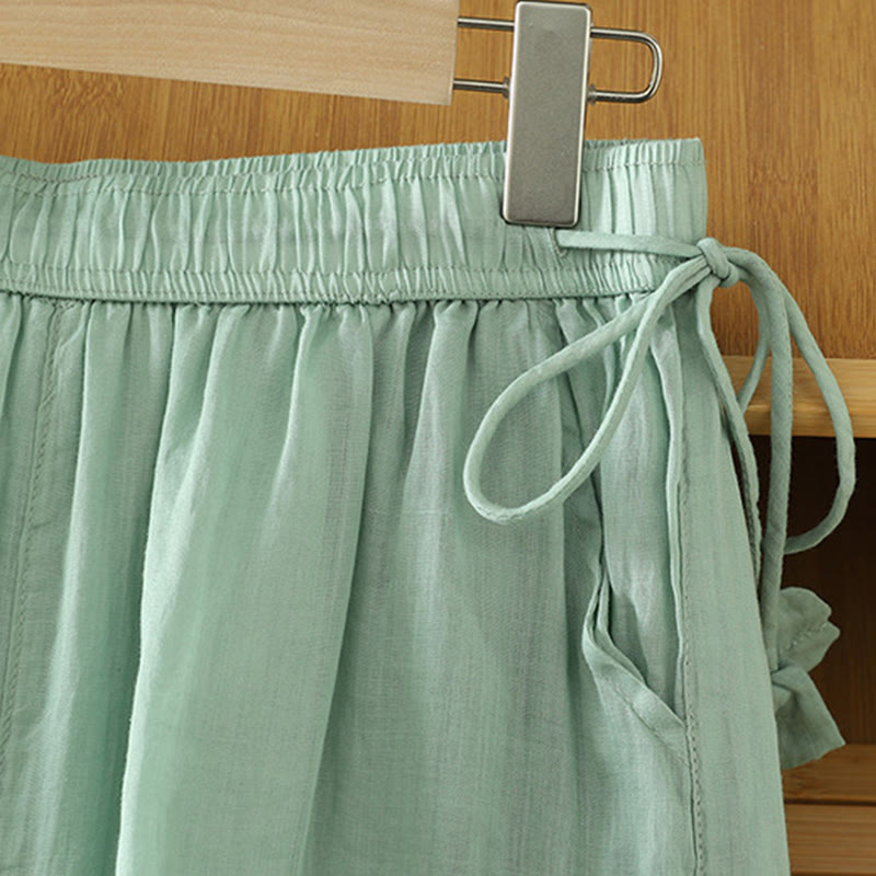 Casual Plain Lined Ribbon Elastic Women's Polyester Wide Leg Pants With Pockets