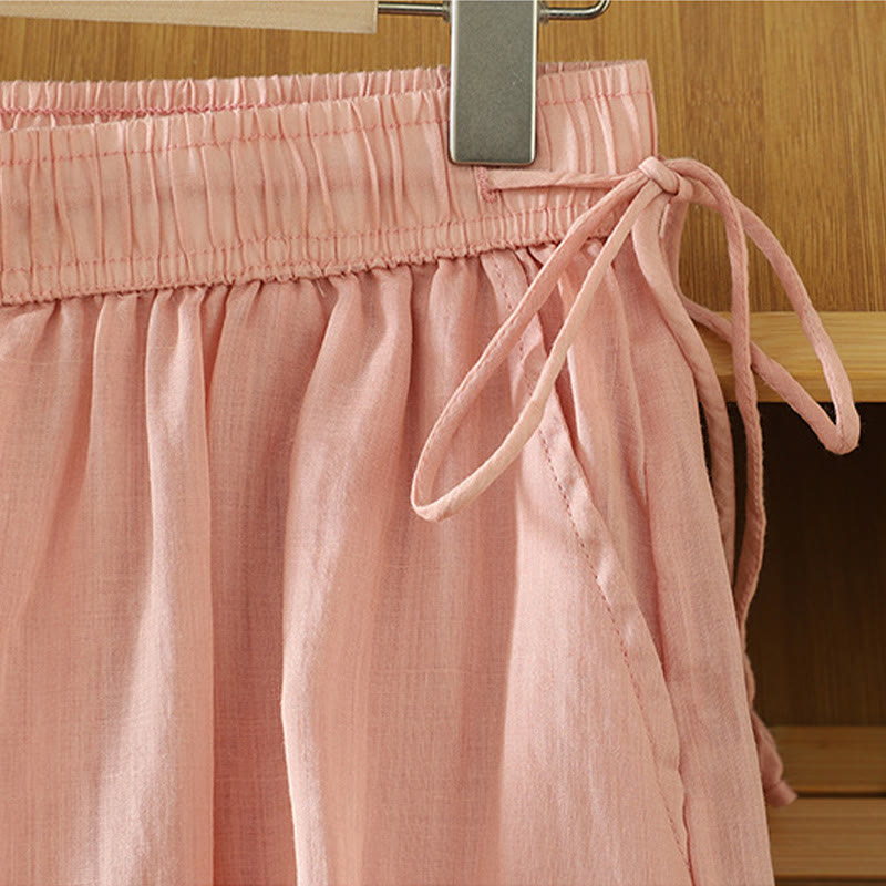 Casual Plain Lined Ribbon Elastic Women's Polyester Wide Leg Pants With Pockets