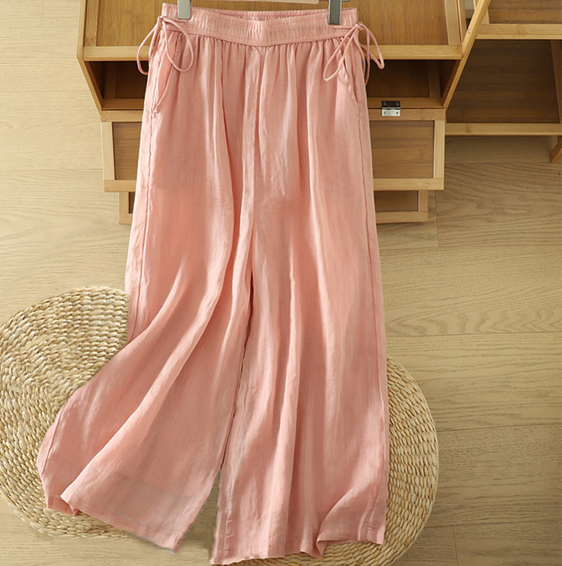 Casual Plain Lined Ribbon Elastic Women's Polyester Wide Leg Pants With Pockets