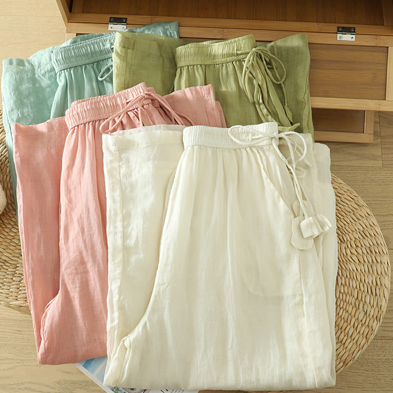 Casual Plain Lined Ribbon Elastic Women's Polyester Wide Leg Pants With Pockets