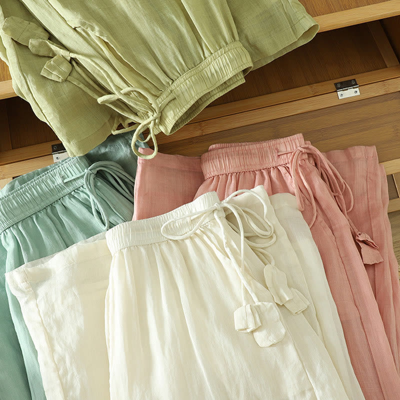 Casual Plain Lined Ribbon Elastic Women's Polyester Wide Leg Pants With Pockets