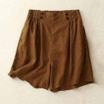 Summer Casual Pleat Plain Cotton Linen Women's Shorts With Pockets