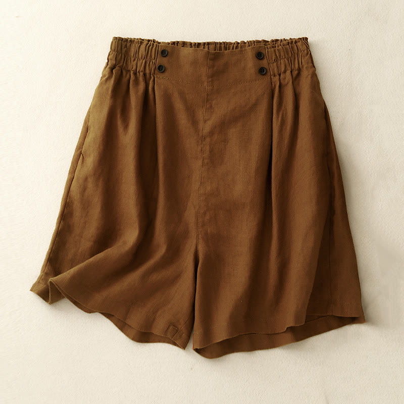 Summer Casual Pleat Plain Cotton Linen Women's Shorts With Pockets