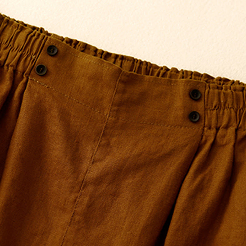 Summer Casual Pleat Plain Cotton Linen Women's Shorts With Pockets