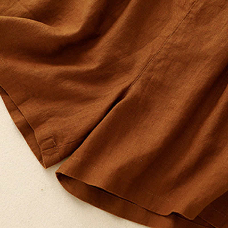 Summer Casual Pleat Plain Cotton Linen Women's Shorts With Pockets