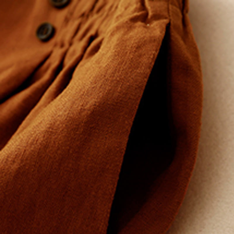 Summer Casual Pleat Plain Cotton Linen Women's Shorts With Pockets