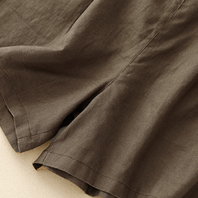 Summer Casual Pleat Plain Cotton Linen Women's Shorts With Pockets