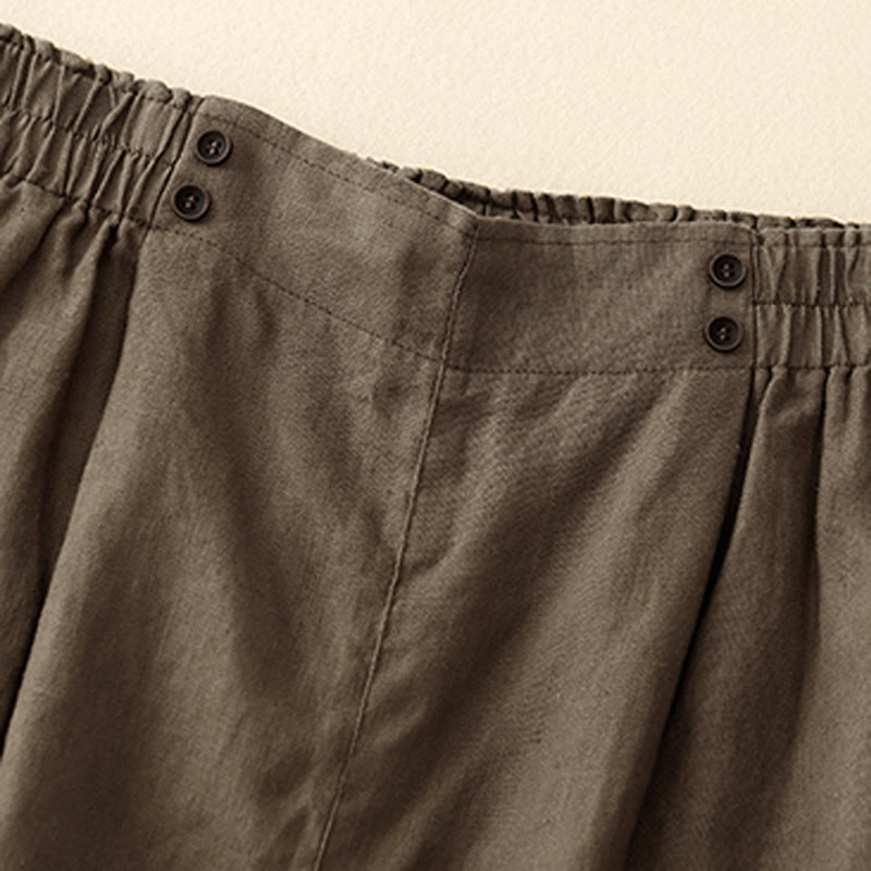 Summer Casual Pleat Plain Cotton Linen Women's Shorts With Pockets