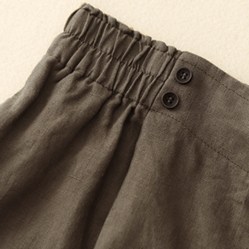 Summer Casual Pleat Plain Cotton Linen Women's Shorts With Pockets