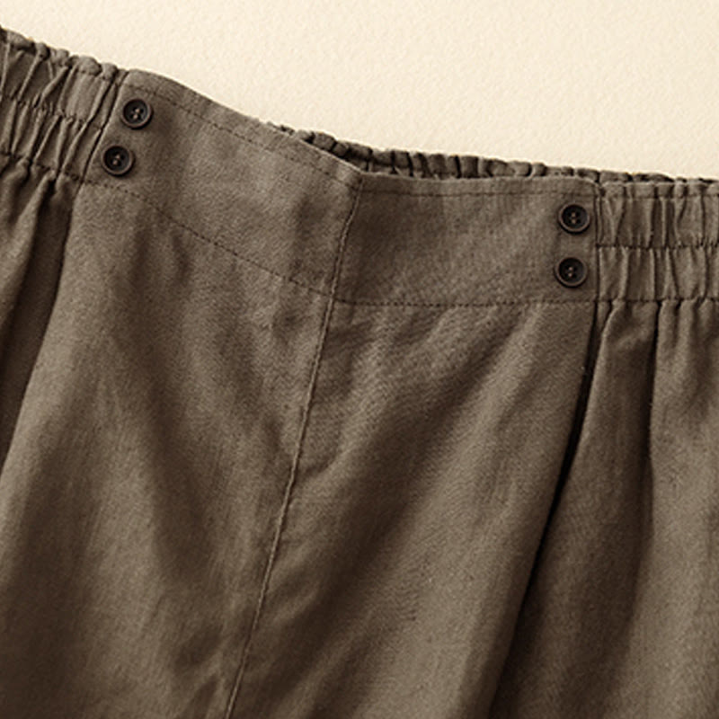 Summer Casual Pleat Plain Cotton Linen Women's Shorts With Pockets