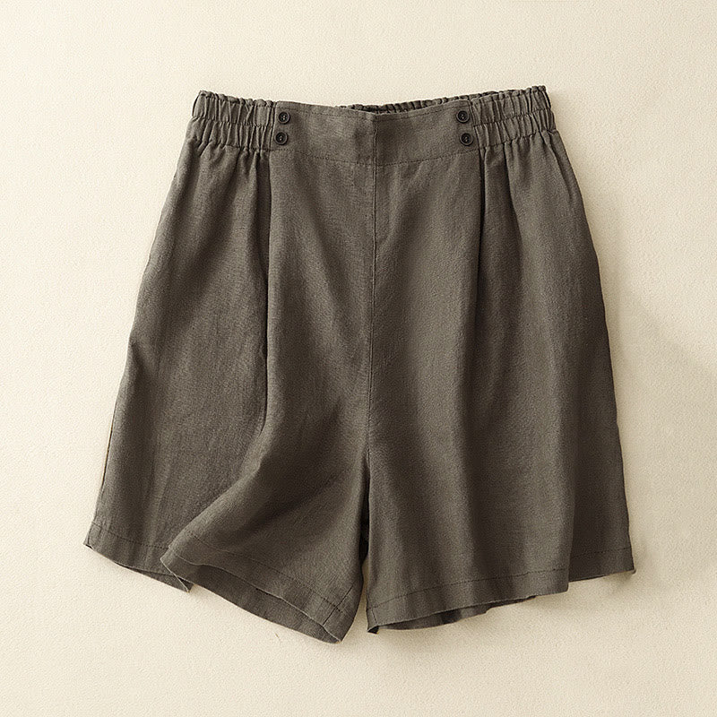 Summer Casual Pleat Plain Cotton Linen Women's Shorts With Pockets